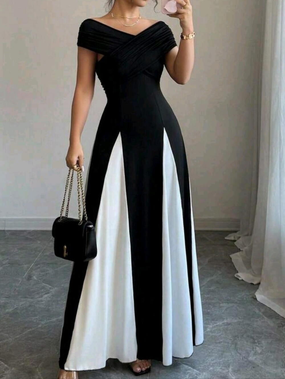 Off-Shoulder Black and White Panelled Maxi Dress